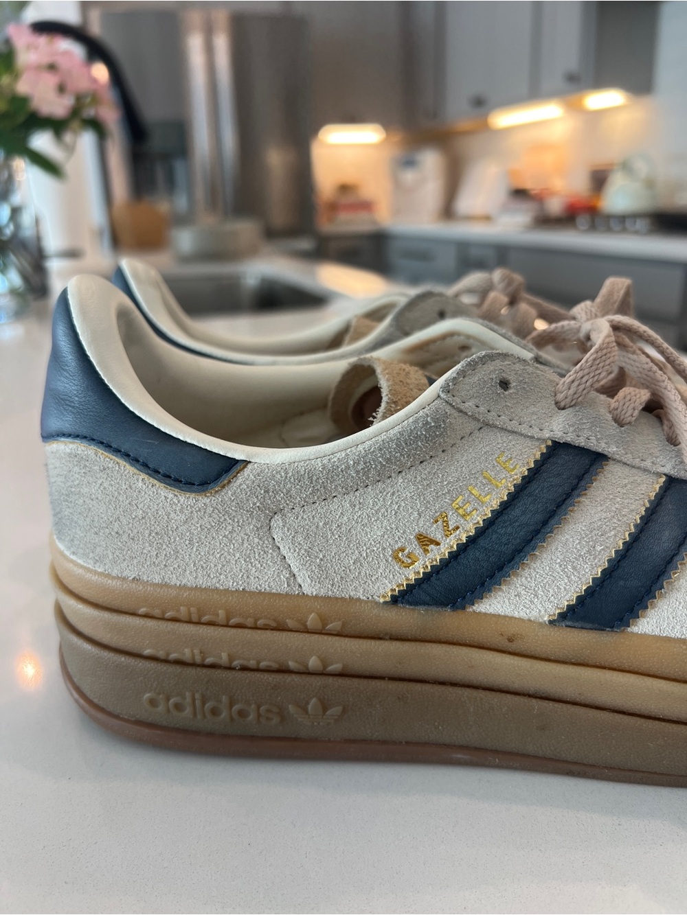 adidas Gazelle Suede Sneakers in Cream and Navy with Gum Sole